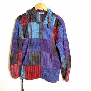 Colorful Patchwork Hoodie Ezhippie 100% cotton woven pullover shirt hoodie sz L